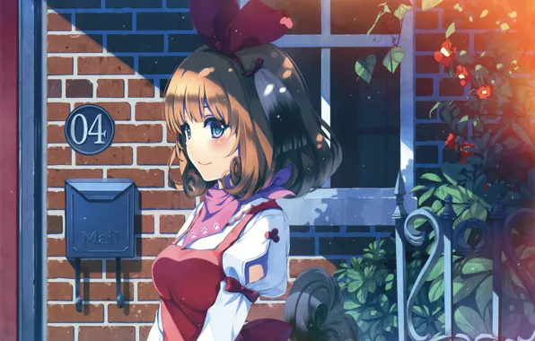 Picture girl, flowers, smile, plants, anime, art, bow, misaki kurehito, mail