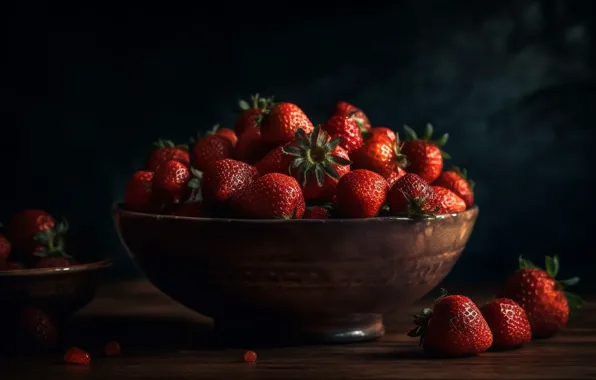 Picture light, berries, the dark background, rendering, table, strawberry, bowl, still life, placer, digital art, digital …