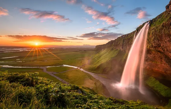 Picture the sun, rays, waterfall, Iceland