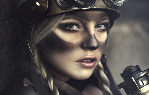 Picture girl, face, helmet, braids