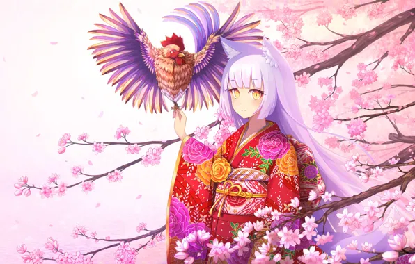 Picture water, girl, flowers, smile, tree, branch, anime, petals, Sakura, art, kimono, ears, cock, rizihike