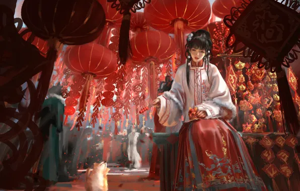 Picture girl, dog, lanterns, yummy, traditional clothing, wlop