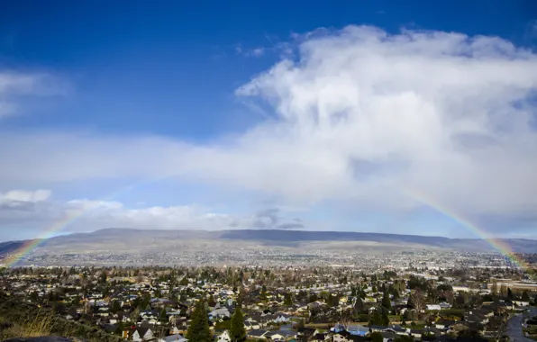 Picture the sky, clouds, trees, hills, home, rainbow, valley, the village