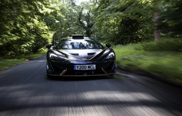 Picture black, coupe, McLaren, in motion, 2020, V8 twin-turbo, 620R, 620 HP, 3.8 L.