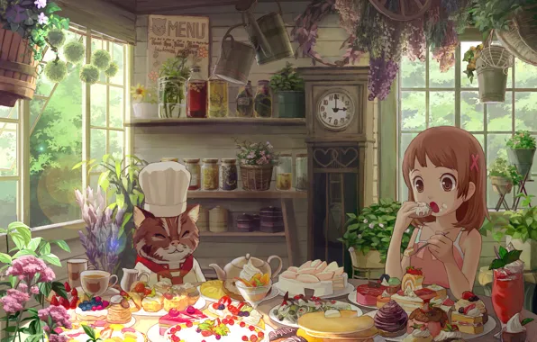 Picture cat, flowers, girl, sweets, cake, house, eating, cakes