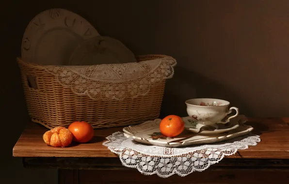 Picture the dark background, Cup, plates, dishes, still life, basket, items, tangerines