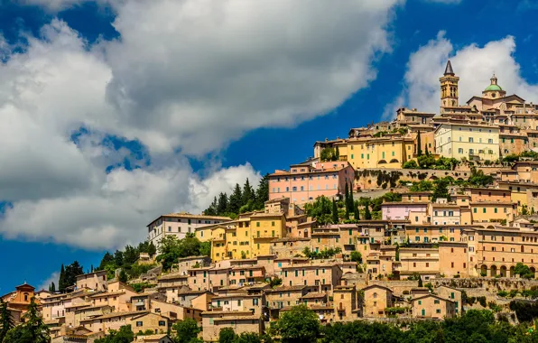 Picture clouds, building, home, slope, Italy, panorama, town, Italy, Umbria, Umbria, Trevi, Trevi