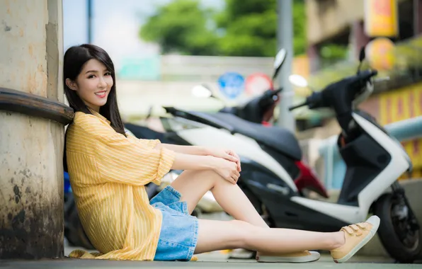 Picture girl, Asian, sitting, cutie, bokeh