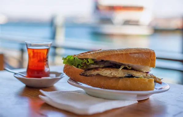 Picture fish, tea, turkey, sandwich