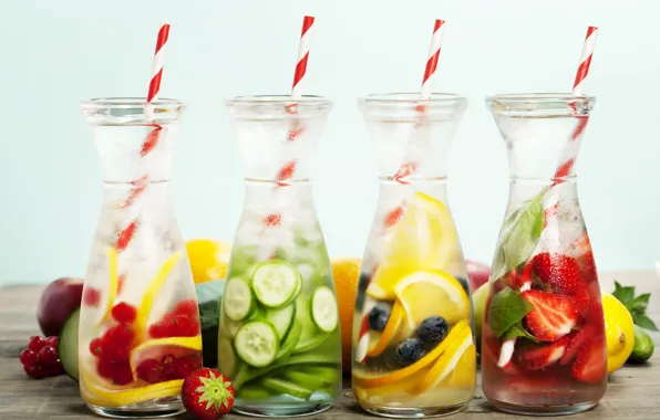 Picture berries, lemon, ice, blueberries, strawberry, bottle, fruit, tube, red currant, refreshing drinks, Natalia Klenova