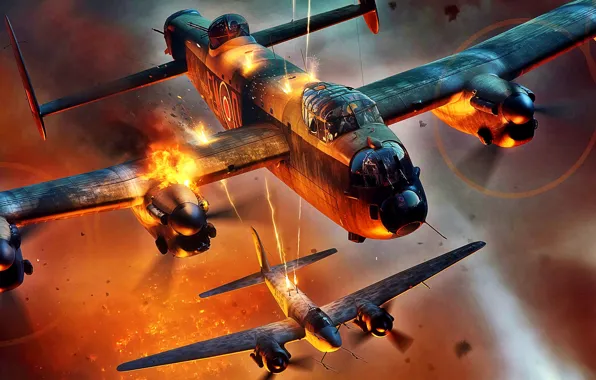 Picture fire, The second World war, Lancaster, heavy bomber, Avro, night bombing of Germany, Ju-88R-2, heavy …