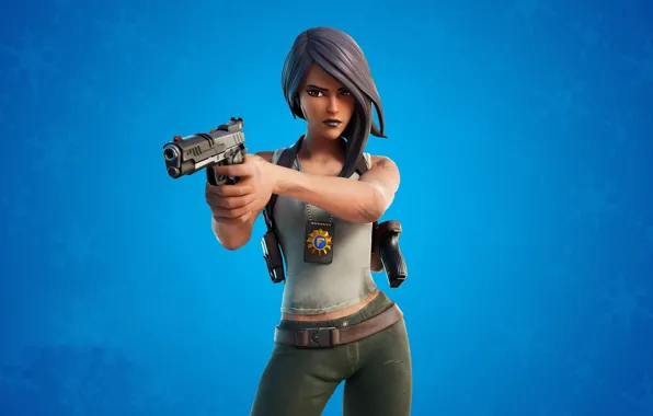 Picture girl, snowflakes, gun, background, Fortnite