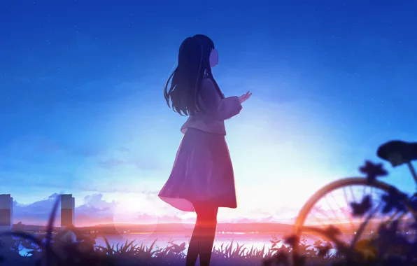 Picture the sky, water, girl, bike