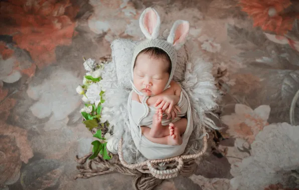 Picture flowers, pose, background, child, sleep, baby, costume, sleeping, man, outfit, lies, pillow, fur, image, Bunny, …