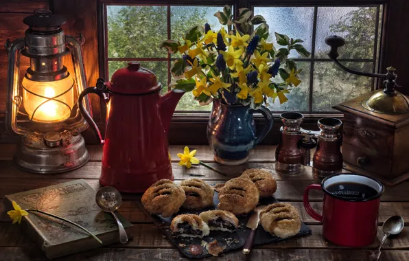 Picture flowers, style, lamp, coffee, bouquet, window, mug, lantern, binoculars, book, cakes, daffodils, Muscari, buns, coffee …