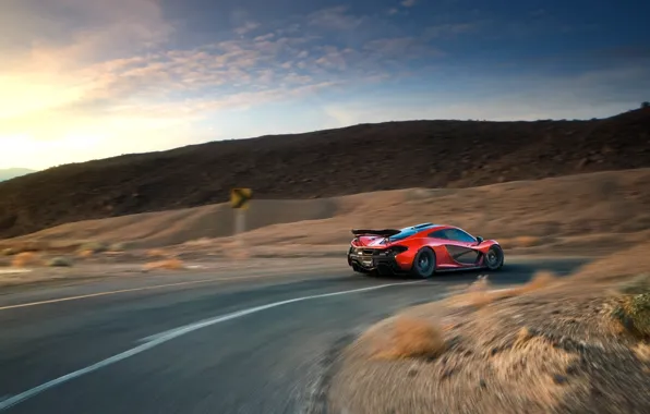 Picture McLaren, Orange, Race, Sunset, Death, Sand, Supercar, Valley, Hypercar, Exotic, Rear, Volcano