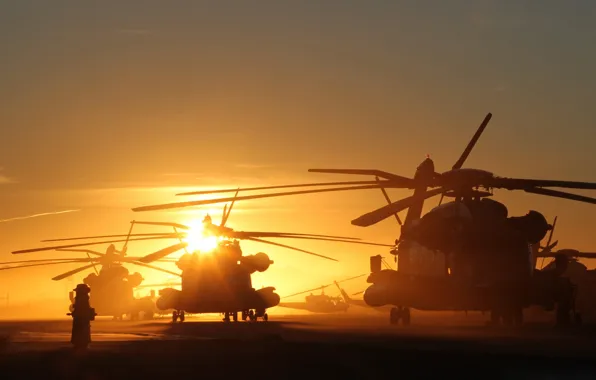 Picture sunset, sun, Helicopters