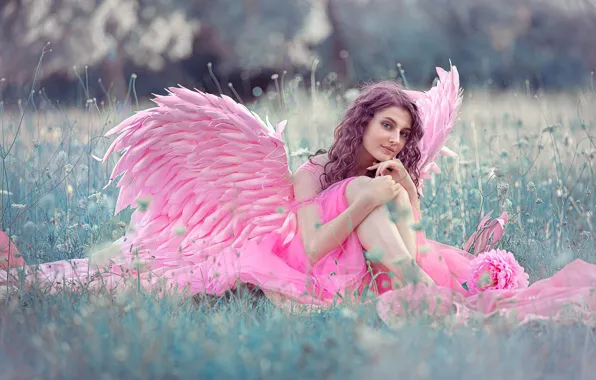 Picture grass, girl, nature, pose, wings, angel, dress, brunette, curls, Tanya Markova