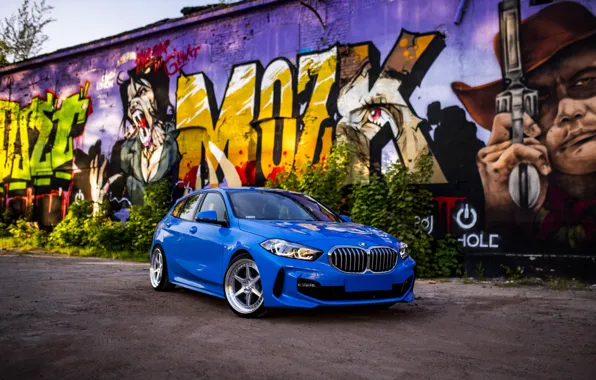Picture BMW, Blue, Front, Graffiti, BMW 1 Series, JR Wheels