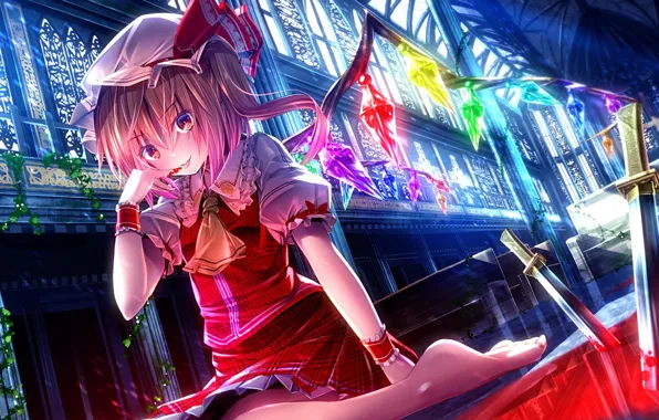 Picture girl, blood, wings, plants, art, crystals, knives, cap