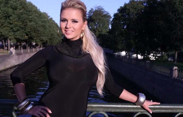 Picture girl, trees, bridge, river, view, earrings, bracelets, Anna Semenovich