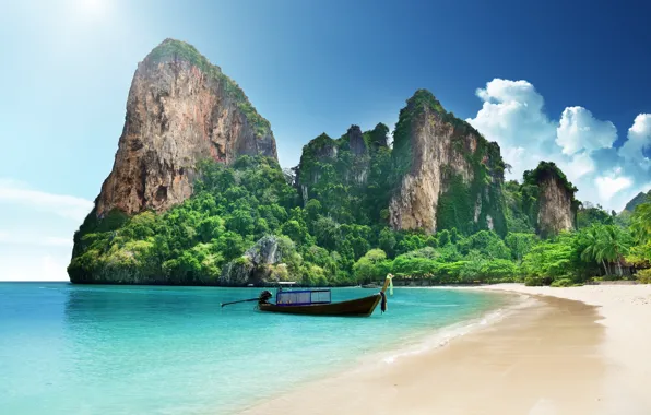 Picture beach, the ocean, boat, cliffs, Thailand