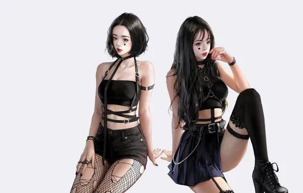 Picture style, anime, art, J.Won Han, twin girls