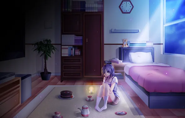 Picture flower, girl, light, night, darkness, room, tea, watch