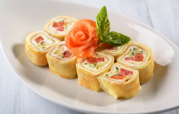 Picture pancakes, rolls, salmon, Basil
