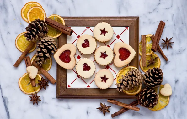 Picture oranges, cookies, still life, cinnamon, bumps