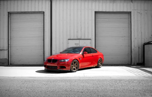 Picture red, the building, bmw, BMW, red, billboards, e92, building, tinted, blinds
