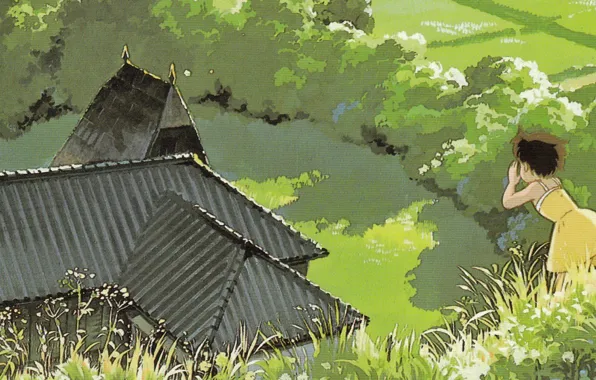 Picture summer, grass, trees, house, field, the bushes, Creek, my neighbor Totoro