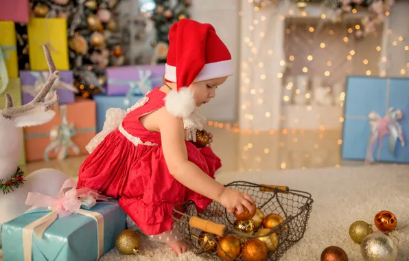 Picture balls, child, Christmas, girl, New year, Christmas decorations