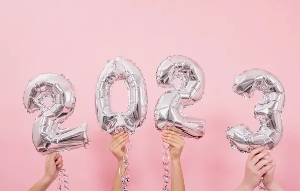 Picture hands, Christmas, figures, New year, pink background, date, inflatable, 2023
