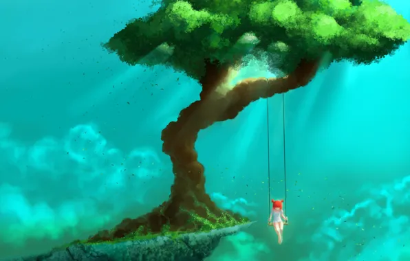 Picture leaves, clouds, swing, tree, mountain, Girl