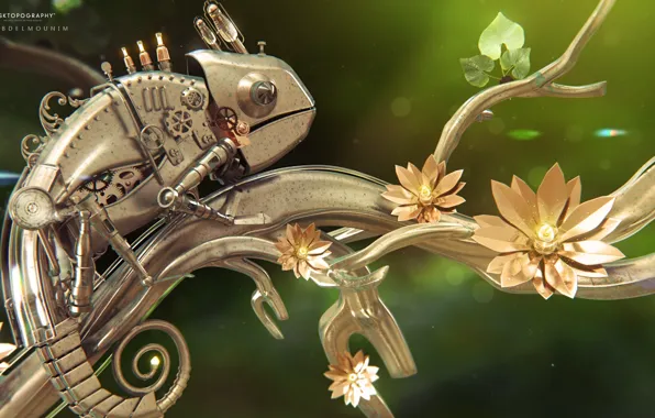 Picture flowers, branches, lizard, desktopography, imitation