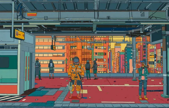 Picture The city, Robot, Style, Astronaut, City, Astronaut, Fantasy, Art