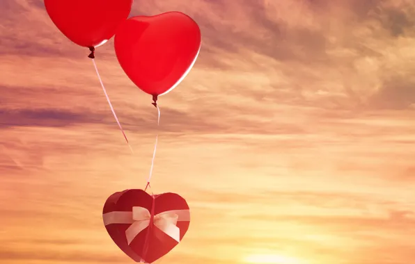 Picture the sky, the sun, balls, gift, heart, red, bow, sky