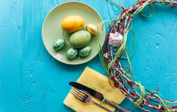 Picture eggs, plate, Easter, Holiday, wreath, napkin, twigs, Easter