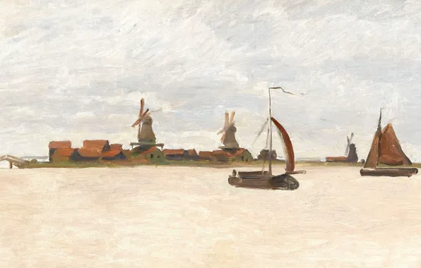 Picture landscape, boat, picture, sail, Claude Monet, windmill, The Voorzaan