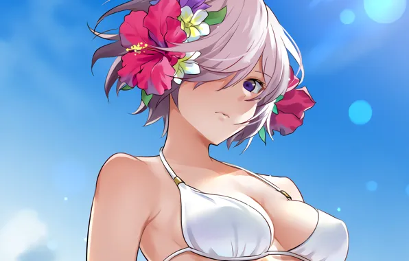 Picture girl, sexy, cleavage, boobs, anime, beautiful, short hair, purple eyes