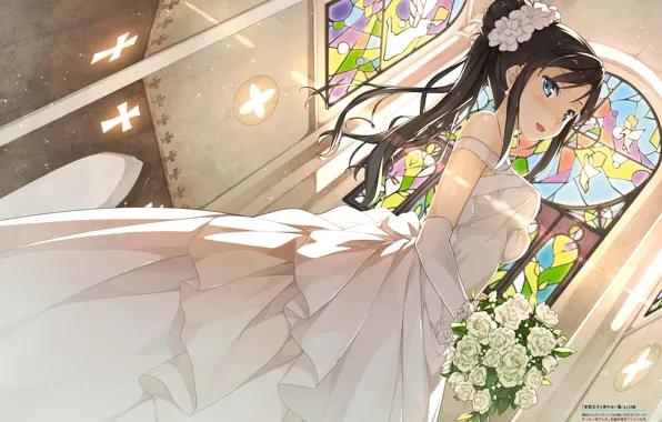 Picture stained glass, the bride, veil, wedding dress, the bride's bouquet, the Church, Hentai Ouji to …