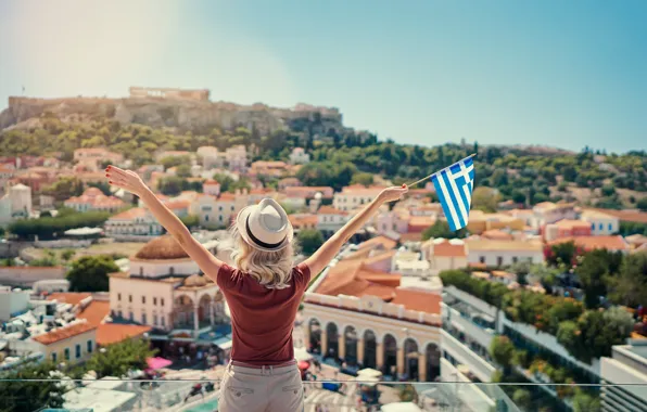 Picture Home, Girl, The city, Greece, Hat, Greece, Acropolis, Athens, Athens, The Acropolis, Greek flag, Greek …
