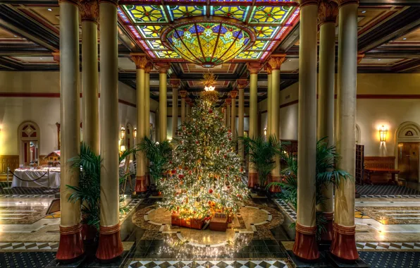 Picture glass, palm trees, tree, Christmas, the ceiling, stained glass, gifts, New year