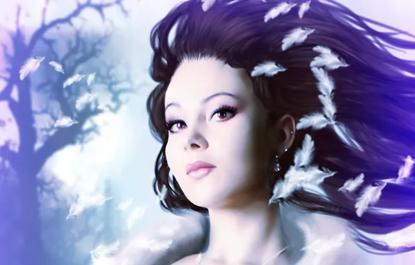Picture eyes, look, girl, face, hair, earrings, makeup, art, Princess, white feathers