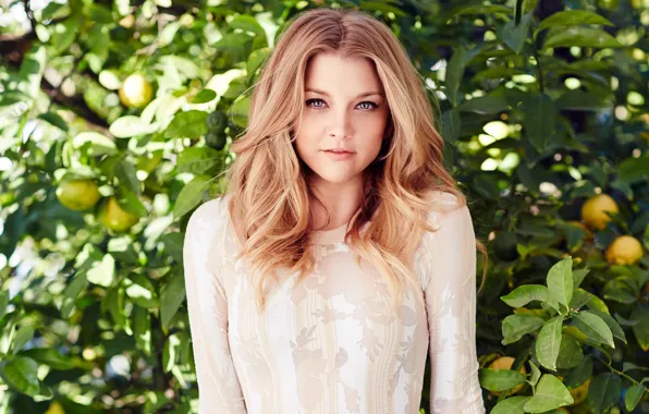 Picture greens, leaves, model, garden, actress, blonde, the bushes, in white, Mexico, photoshoot, lemons, Natalie Dormer, …