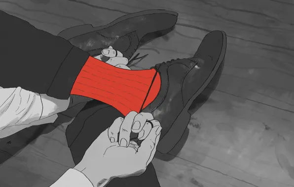 Picture male, red socks, she ties her shoelaces, Akino Kogomi
