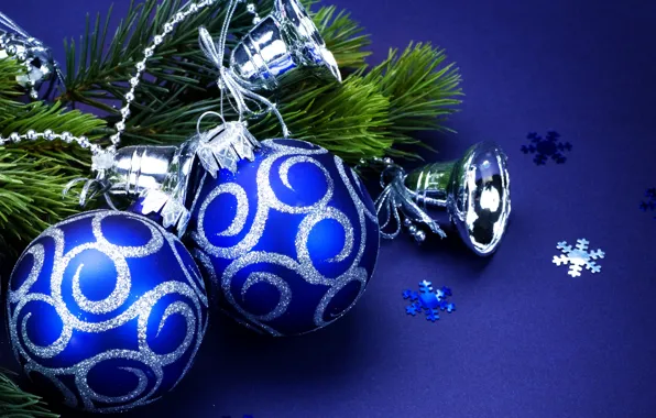 Picture snowflakes, balls, toys, tree, branch, sequins, New Year, Christmas