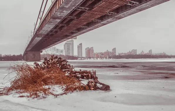 Picture bridge, Dnepr, winter, Kiev, grass, ice, podmiotom