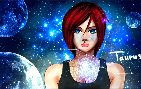 Picture space, stars, blue eyes, constellation, anime, red hair, Taurus, airmonger
